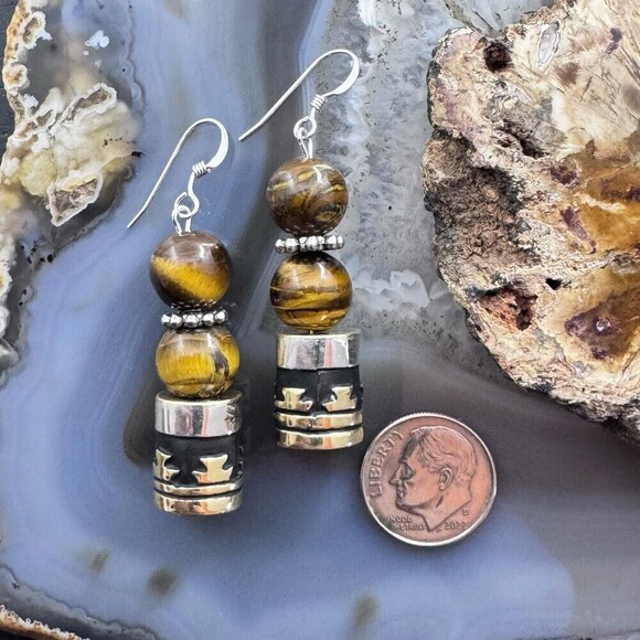 Tommy &Rosita Singer Sterling Silver Tigers Eye Bead Dangle Earrings For Women - Picture 8 of 10
